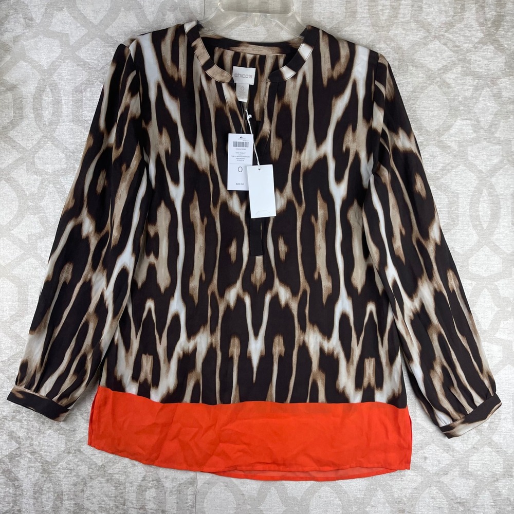 Chicos Chic Ocelot Lola Top Womens 0 S New Khaki Animal Print Blouse Orange NWT